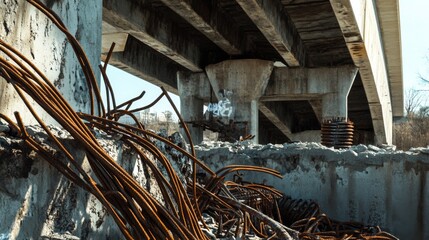 Rusty Rebar and Concrete Underneath a Bridge