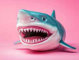 A playful shark sculpture with exaggerated features displayed against a vibrant pink backdrop captures attention with its quirky design