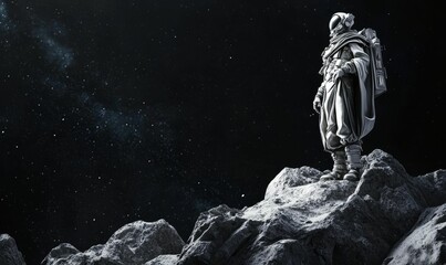 Fototapeta premium Astronaut stands on rocky moon surface.