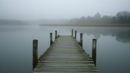 Fototapeta premium Wooden Dock Extending into Foggy Lake