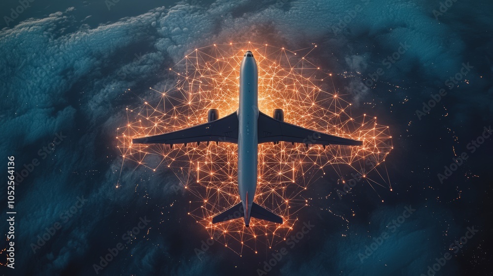 Wall mural seen from above, an airplane is nestled within a shimmering web of networks and lights, highlighting