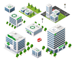 Set of isolated isometric hospital buildings of different sizes and shapes, with surrounding greenery, representing clinic architecture