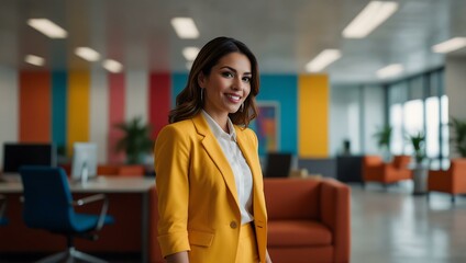 Obraz premium Fashionable Latina businesswoman in a vibrant corporate office.