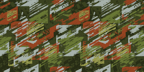 Fototapeta premium Abstract seamless grunge geometric pattern. Line grungy repeat print for sport textile, fashion textile, wrapping paper. Military repeated ornament
