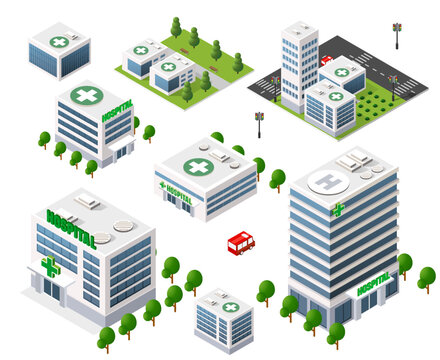 Set of isolated isometric hospital buildings of different sizes and shapes, with surrounding greenery, representing clinic architecture