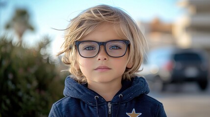 Young boy with glasses standing outdoors near a beach, wearing a casual hoodie while looking thoughtfully at the camera