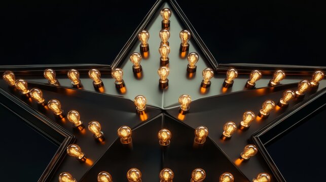 Starlight Illumination: A captivating close-up of a five-pointed star meticulously crafted from glowing incandescent light bulbs, set against a dramatic dark backdrop. - Powered by Adobe