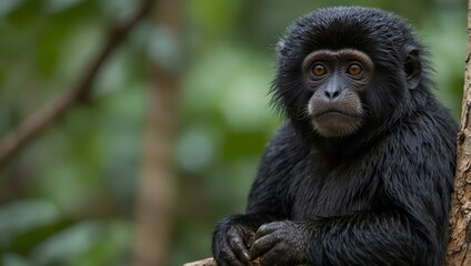Obraz premium Female saki monkey perched on a tree, looking at the camera.