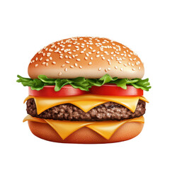 Delicious burger with sesame seeds, lettuce, cheese, and tomato, white isolate background. transparent background.