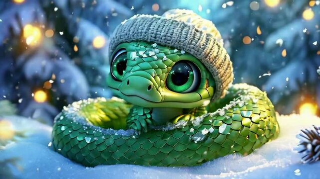 Portrait of a green snake in a Santa hat, Symbol of the year according to the Eastern calendar