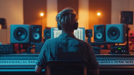 Audio engineer focused on sound editing, using a sophisticated digital interface in a recording studio