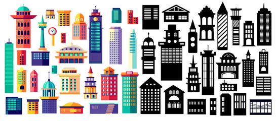 Depicting various architectural styles, this collection of buildings is perfect for urban planning or real estate projects