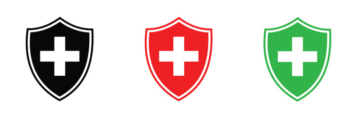 Medical health cross shield icon vector illustration design black, red or green with white background