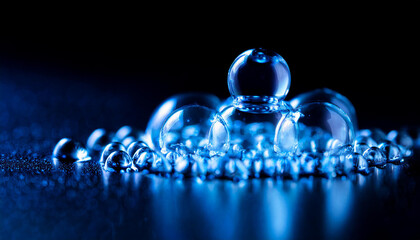 Abstract bubbles, water molecular shape with blue light. Science fiction. Black background.