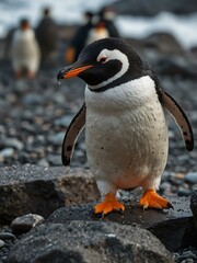 Fototapeta premium Focused shot of a penguin on stones in Antarctica.