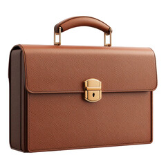 Elegant brown leather briefcase with a golden clasp on a white isolated background transparent background.
