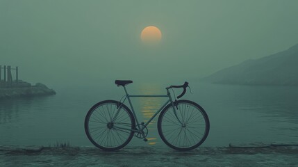 Fototapeta premium A bicycle silhouetted against a setting sun, on a foggy beach.