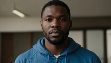 Obraz premium Front view of a confident African man in a blue hoodie.