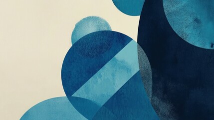 Abstract watercolor background with blue circles overlapping each other on a beige background.