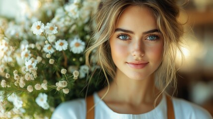Naklejka premium Portrait of a woman in a floral setting with daisies
