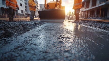 Concrete floor leveling with vibrating machine, team workers ensuring smooth surface, construction site workflow