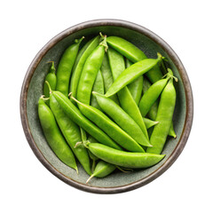 green sugar snap pea in a grey bowl flatlay isolated on transparent background