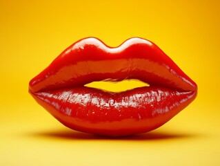 Obraz premium Bright red lips in the center of a vibrant yellow background create a playful and bold visual expression in a studio setting