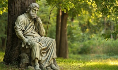 Fototapeta premium Stone statue of a man fishing in a forest.