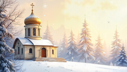 Obraz premium Beautiful Orthodox church with golden dome in winter landscape during Christmas