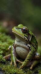 Obraz premium Green frog sitting on a mossy surface.