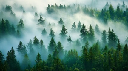 Fototapeta premium Misty Forest with Sunbeams Filtering Through Evergreen Trees