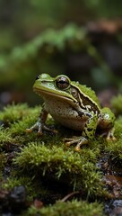 Obraz premium Green frog sitting on a mossy surface.