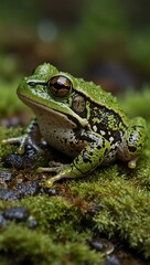 Fototapeta premium Green frog sitting on a mossy surface.