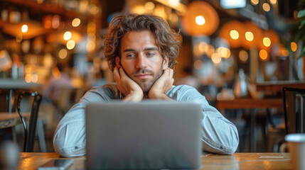 Pensive Man with Laptop at Cozy Cafe