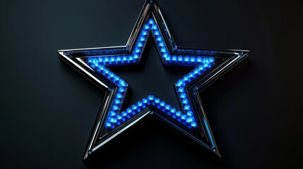 Obraz premium A metallic three-dimensional star-shaped signboard with cool blue light bulbs, glowing softly against a black background.