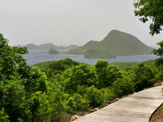 aerial view above Terre de Bas, over the Saintes islands in Guadeloupe archipelago, french west...
