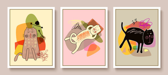 Abstract illustrations depicting cats in different poses on a pastel background. Perfect for a stylish Valentine's Day decor.For greeting cards.