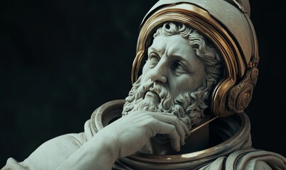 Obraz premium Stone statue wearing golden astronaut helmet.