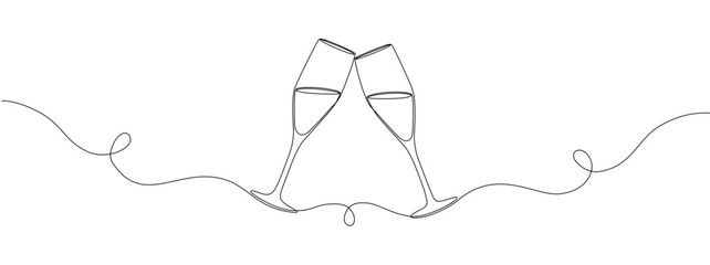 Two clinking champagne glasses. drawing continuous single line.  Vector Design for holidays, birthdays . © Sviatlana
