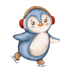 A cute smiling penguin in red headphones is skating. Christmas northern animal, watercolor, hand painted illustration isolated on background. For designers, decoration, store, for postcarsds.