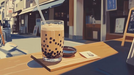 Obraz premium Refreshing Bubble Tea on a Sunny Street