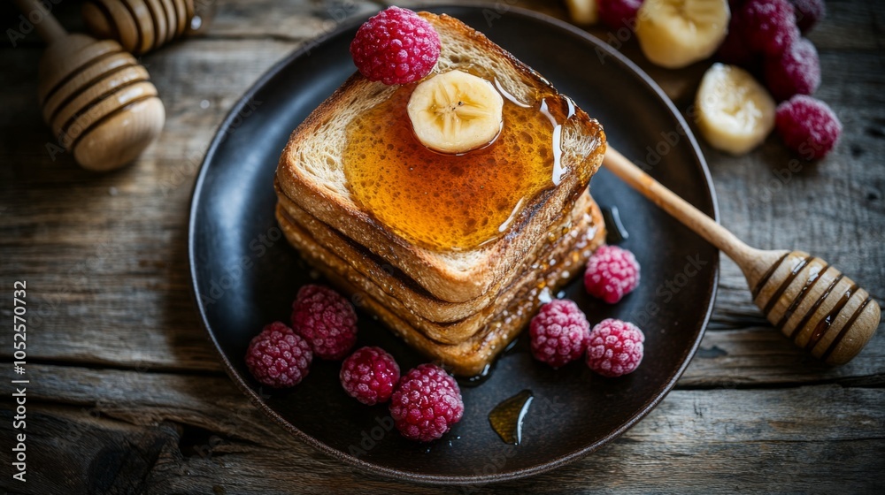 Poster delicious toast with fruit and honey on rustic table