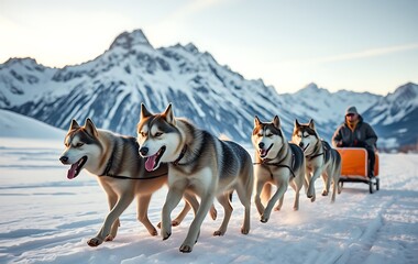 Husky sled dogs pulling a sled in arctic mountain wilderness. Shallow field of view.