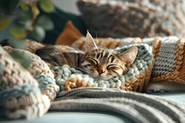 Fototapeta premium A cute kitten sleeping on a soft blanket. Cats are resting, napping on the bed. Comfortable pets sleeping in a cozy home