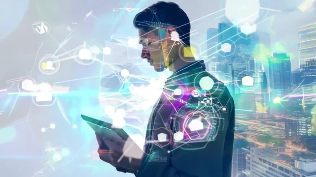 Handsome young businessman using tablet computer on abstract city background with double exposure of business graph. Technology concept