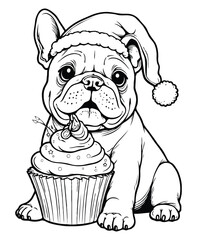 Coloring page a cute Bulldog tangled in Christmas cupcake on a white background