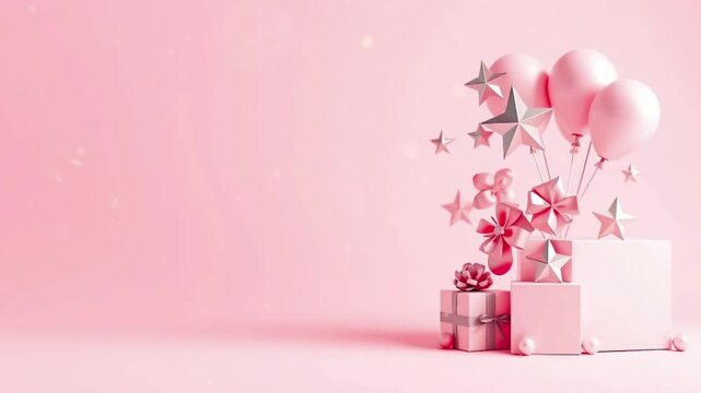 Pink balloons are floating over a stack of gift boxes decorated with ribbons and confetti on a pink background, creating a festive atmosphere.