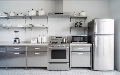 Fototapeta premium A modern kitchen with stainless steel appliances and white tiled floor.