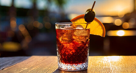 Vaso de vermut con rodaja de naranja y oliva en una mesa de madera y luz del Sol al fondo