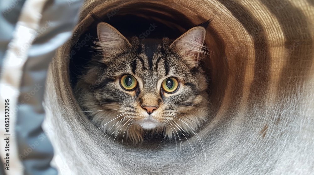 Poster cat in tunnel, curious and playful expression
